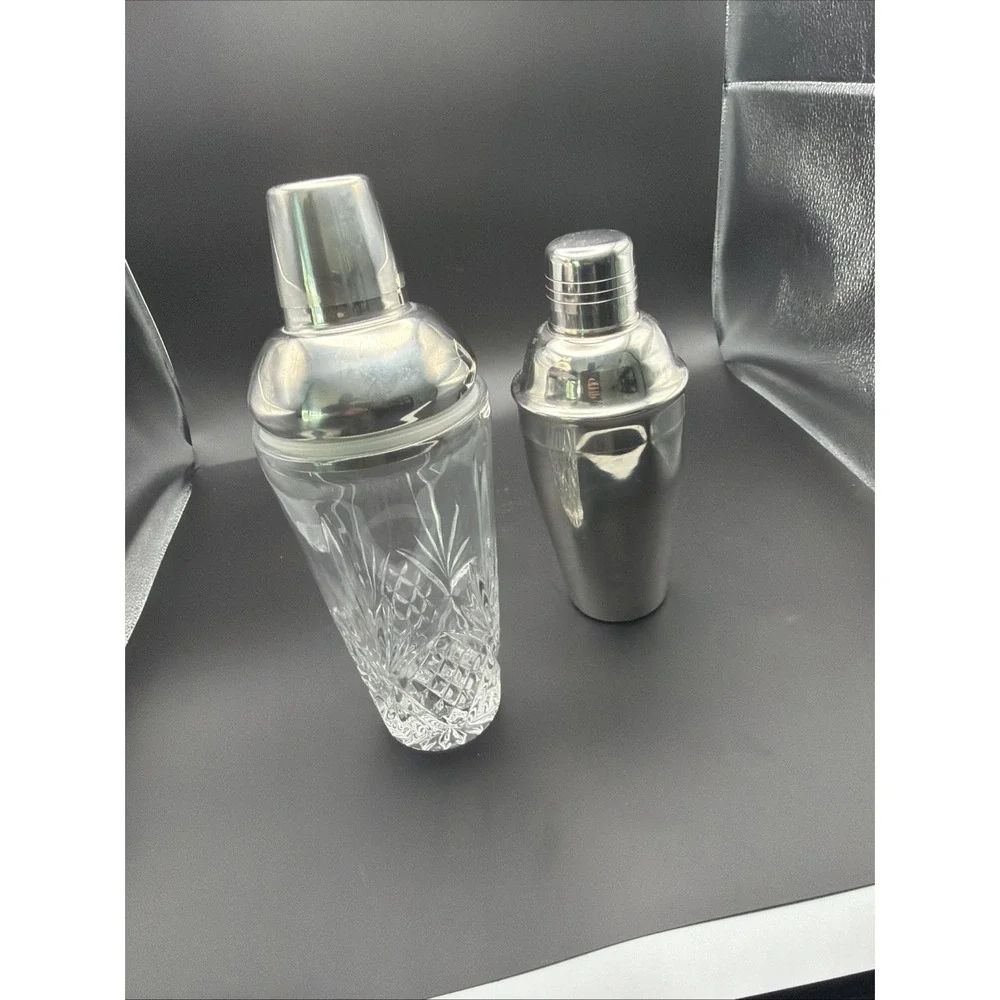 Vintage Cocktail Shakers Lot of 2 Cut Crystal Glass & Silver Tone Barware